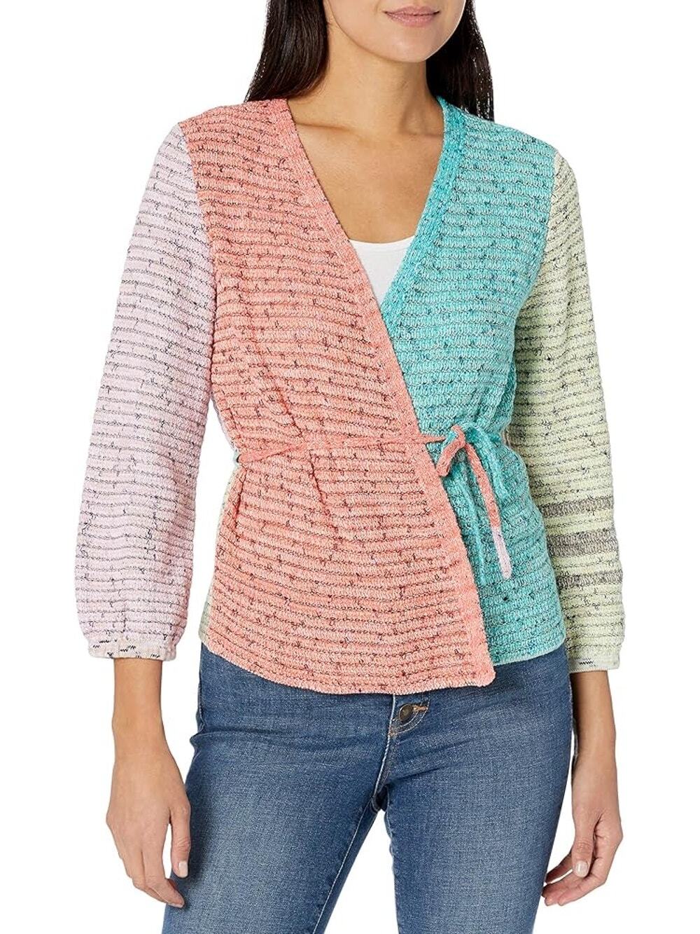 NIC + ZOË Colorblock Wrap Cardigan Multicolor Knit Tie Waist Sweater | Large